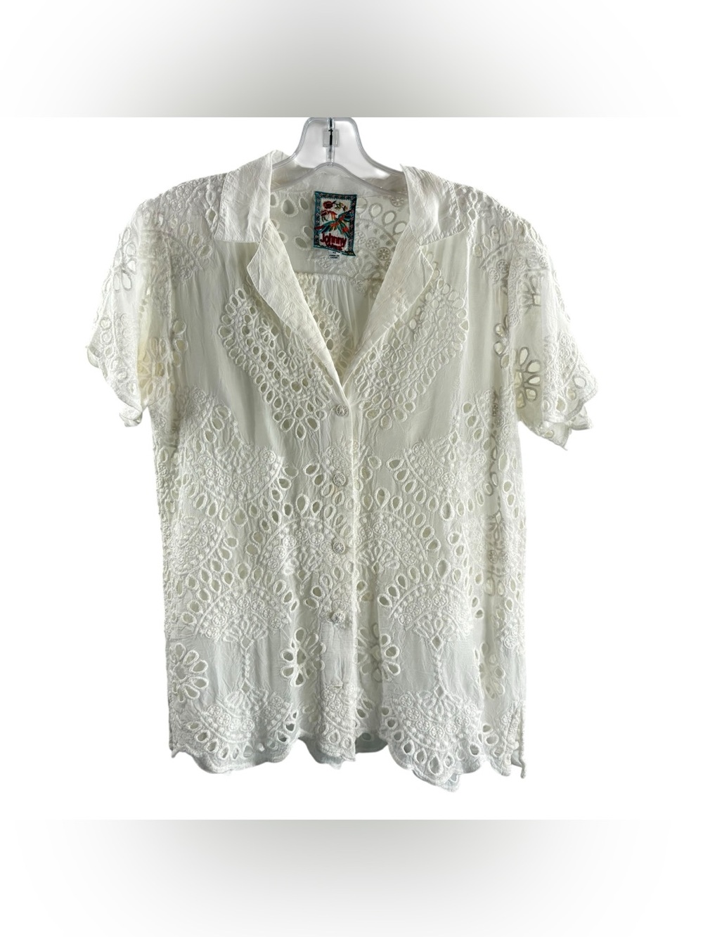 Johnny Was Cream Eyelet Embroidered Button-Down Cupra Rayon Shirt $138